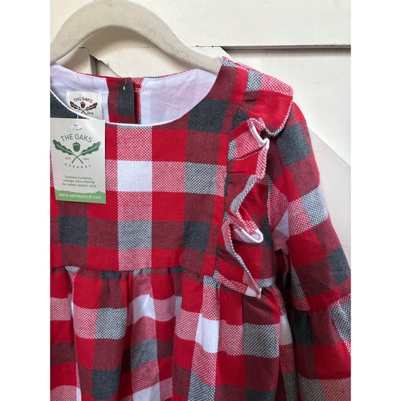 The Oaks Apparel Sarah Beth Plaid Ruffle Bell Sleeve Dress Red White Gray Size 5 - Picture 2 of 5
